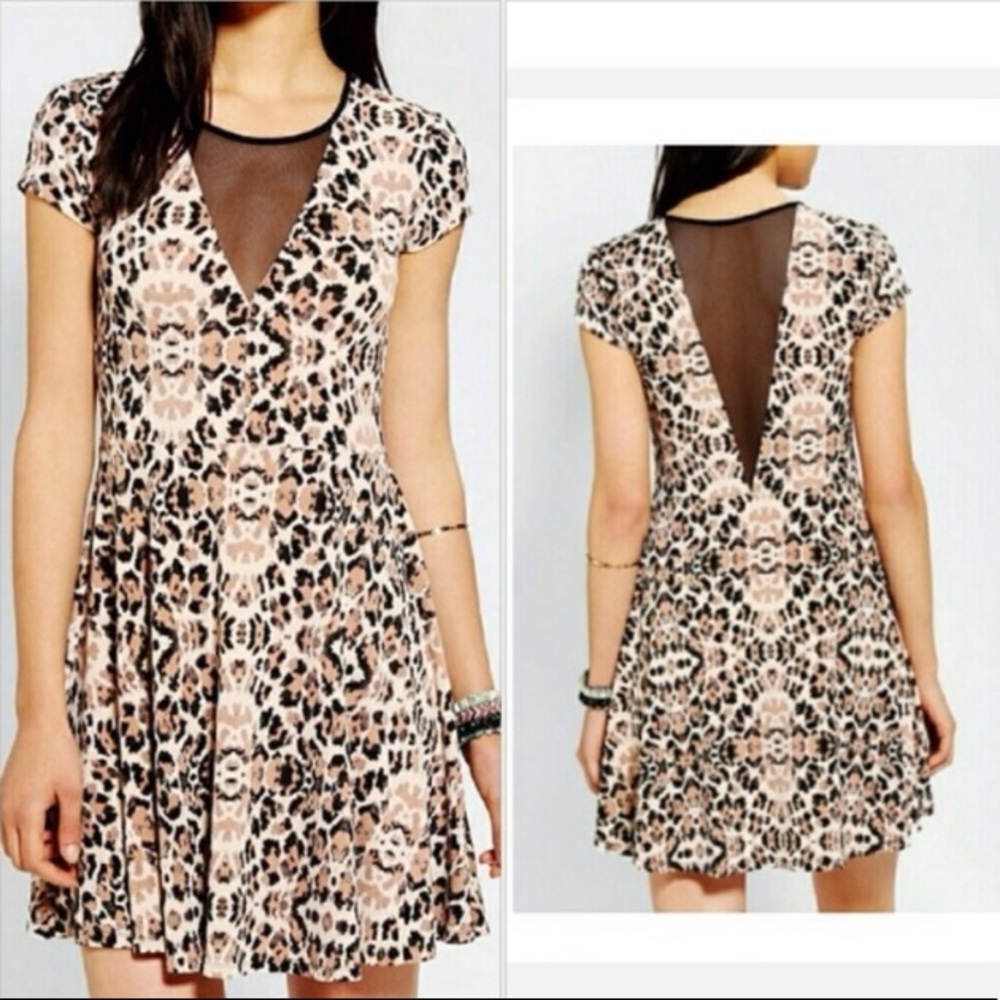 Urban Outfitters Leopard Print Slinky Mesh V-Neck Skater Dress
